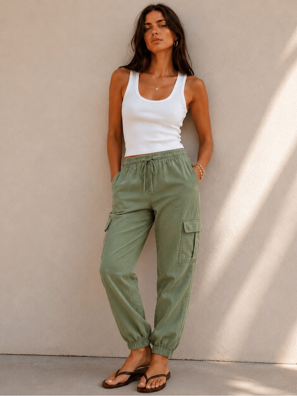 Love Tree Linen Blend Green Cargo Jogger Pants Casual Women’s Medium